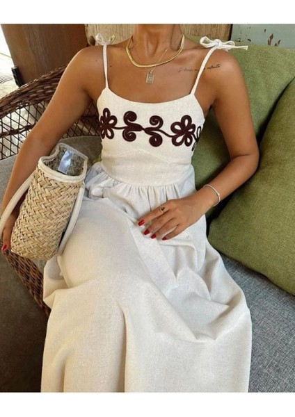 Kadın Tam Keten Astarlı Cepli Nakış Işlemeli Elbise modelleri