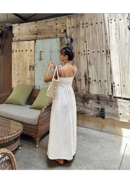 Kadın Tam Keten Astarlı Cepli Nakış Işlemeli Elbise fırsatları