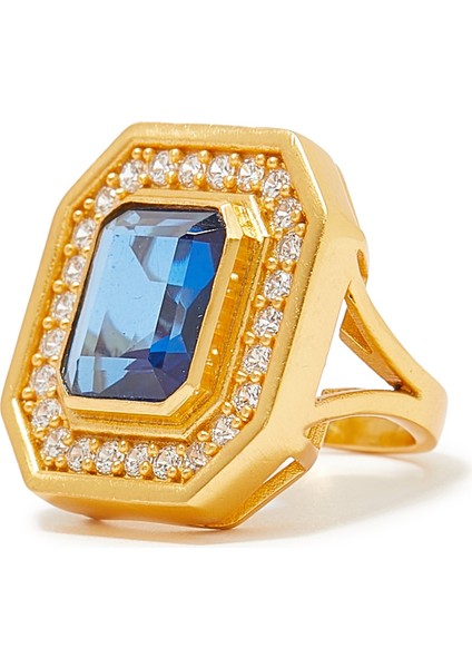 Zarif Tasarımlı 24K Altın Kaplama Yüzük - Safir Kuvars ve Kuvars Kristal