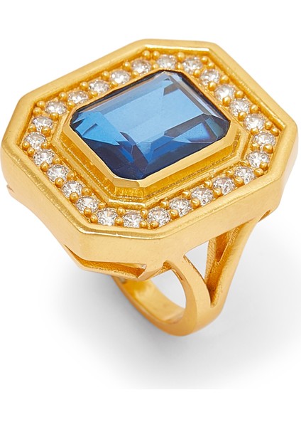 Zarif Tasarımlı 24K Altın Kaplama Yüzük - Safir Kuvars ve Kuvars Kristal fırsatları