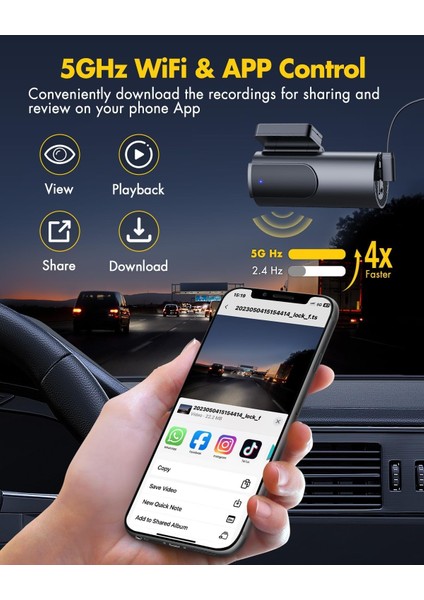 4K Dash Cam Ön Arka Kameralı, 5ghz Wifi, 64GB Sd Kart Dahil, Gece Görüşü, G-Sensör