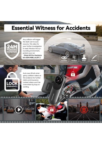 N3 Pro 2.5k Dash Cam 1600P Ön, 1080P Arka Kamera, Wifi, Gps, Gece Görüşü, 24 Saat Park Izleme