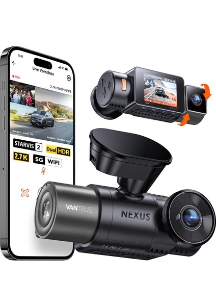 N2X 2.7K+1080P Çift Kameralı Araç Kamerası, Gece Görüş, Gps, Wifi, 24/7 Park Modu