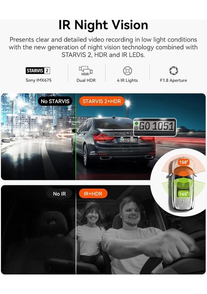 N2X 2.7K+1080P Çift Kameralı Araç Kamerası, Gece Görüş, Gps, Wifi, 24/7 Park Modu