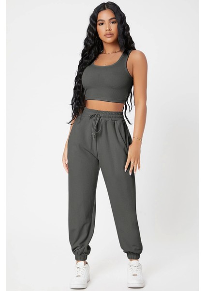 Kadın Antrasit Gri Kaşkorse Cepli Jogger Eşofman Altı ve Crop Top Bluz