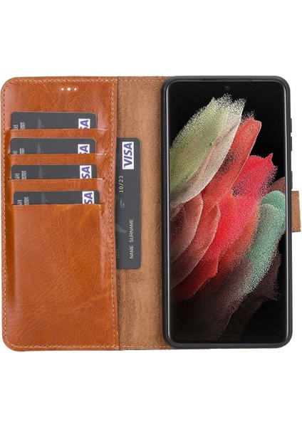 Samsung Galaxy S21 Plus Uyumlu Deri Cüzdanlı Kılıf Rustik Taba