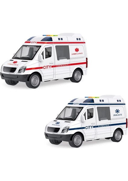 1:16 Sürtmeli Sesli Işıklı Ambulans ve Polis Arabası