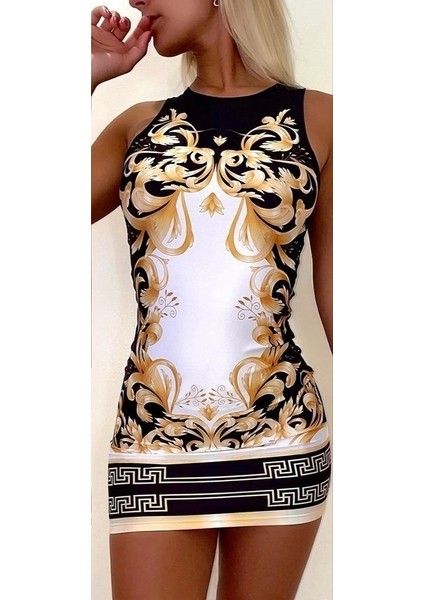 Kadın Sıfır Kollu Bisiklet Yaka Dijital Baskı Dalgıç Mini Elbise fırsatları