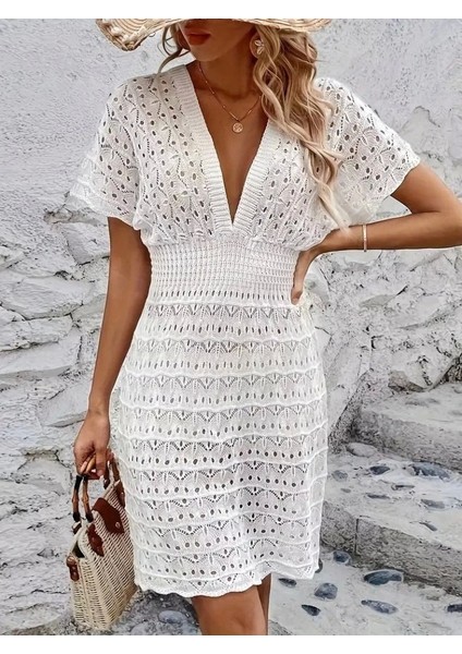 Kadın Kısa Kollu V Yakalı Örme Triko Elbise indirimleri