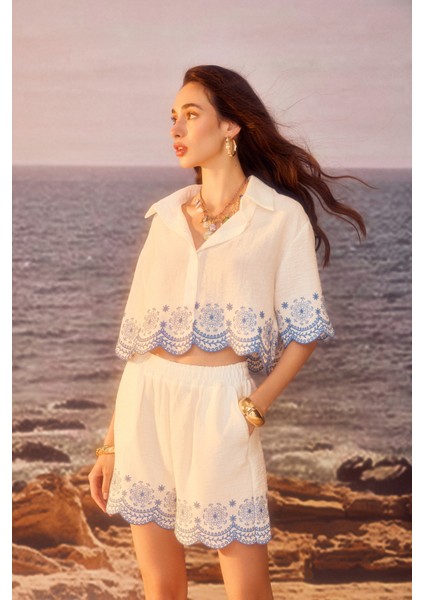 Etnik Nakış Işlemeli Düğmeli Gömlek Ekru