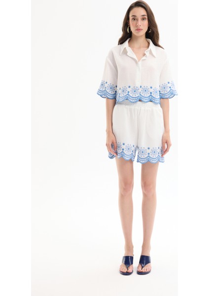 Etnik Nakış Işlemeli Düğmeli Gömlek Ekru modelleri