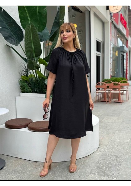 Kadın Büyük Beden Siyah Lastik Yaka Sofia Keten Elbise modelleri