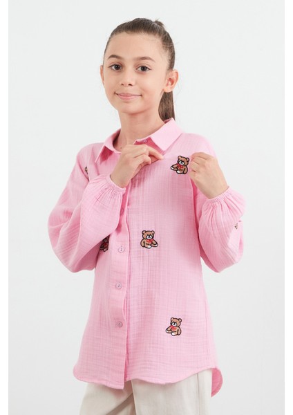 %100 Pamuk Ayıcık Nakışlı Kız Çocuk Gömlek