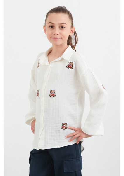 %100 Pamuk Ayıcık Nakışlı Kız Çocuk Gömlek modelleri