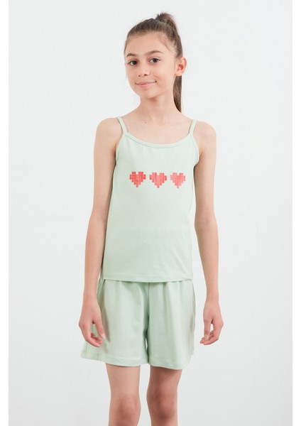 Kalp Baskılı Askılı Kız Çocuk Pijama Takımı