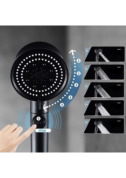 Turbo Fan Pervaneli 5 Fonksiyonlu Star Stop Su Tasarruflu Duş Başlığı Siyah