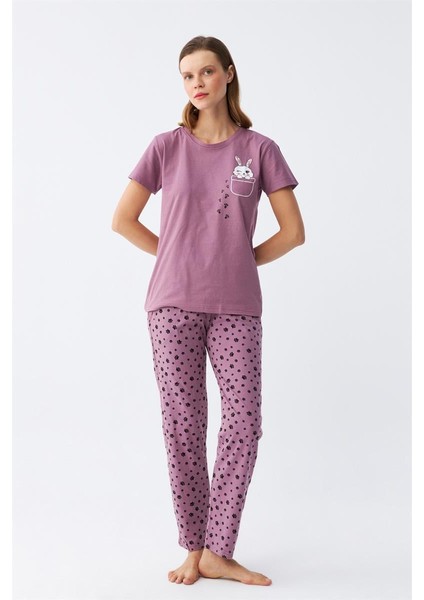 Modaserdem Akbeniz Kadın Mor Patili Tavşan Baskılı Cepli Pijama Takımı indirimleri
