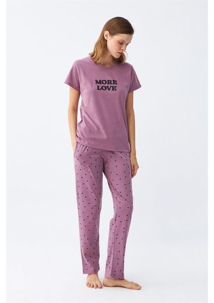 Modaserdem Akbeniz Kadın Mor Yıldız Desenli Penye Kısa Kol Pijama Takımı