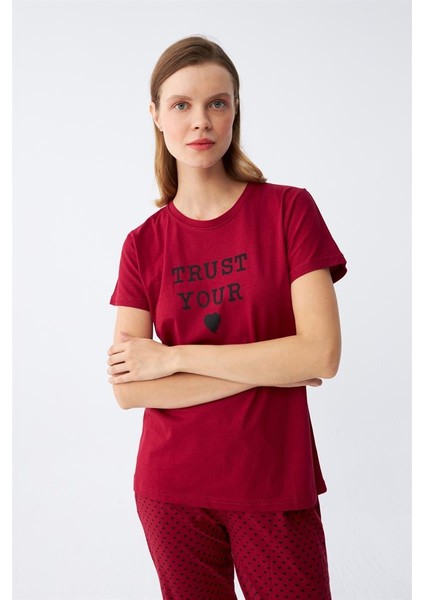 Modaserdem Akbeniz Kadın Bordo Kalp Desenli Kısa Kollu Penye Pijama Takımı