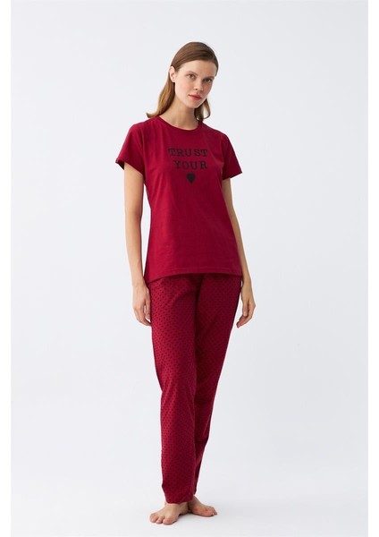 Modaserdem Akbeniz Kadın Bordo Kalp Desenli Kısa Kollu Penye Pijama Takımı