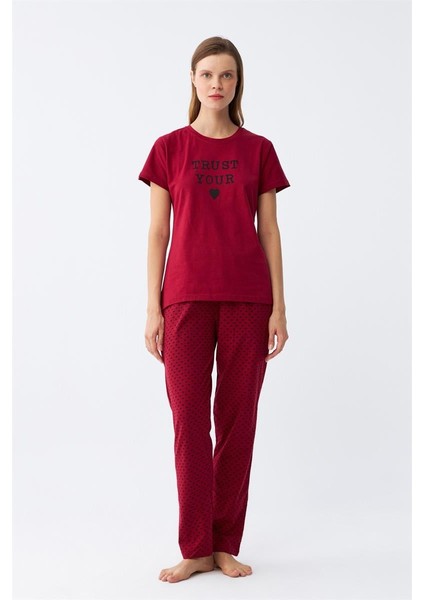 Modaserdem Akbeniz Kadın Bordo Kalp Desenli Kısa Kollu Penye Pijama Takımı