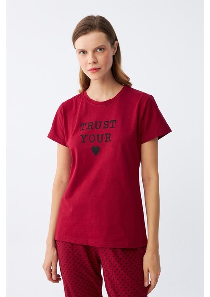 Modaserdem Akbeniz Kadın Bordo Kalp Desenli Kısa Kollu Penye Pijama Takımı