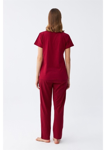 Modaserdem Akbeniz Kadın Bordo Kalp Desenli Kısa Kollu Penye Pijama Takımı