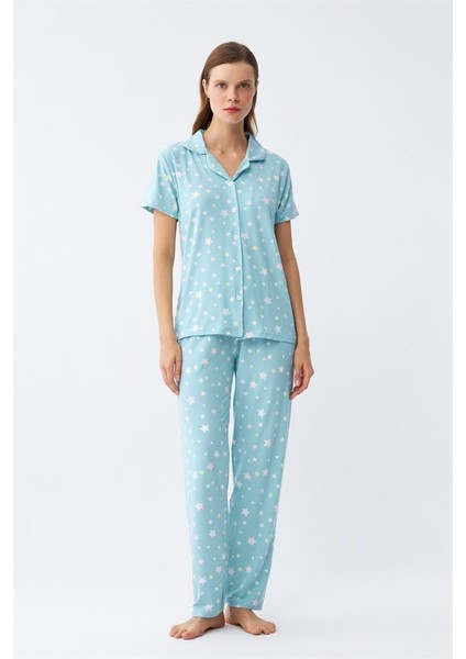 Akbeniz Kadın Buz Mavisi Yıldız Desenli Önden Düğmeli Pijama Takımı
