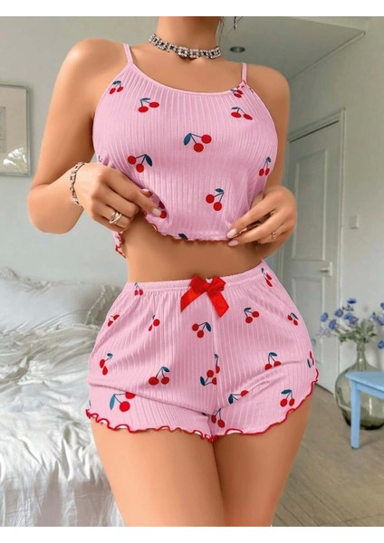 Pembe Kiraz Desenli Askılı Şortlu Pijama
