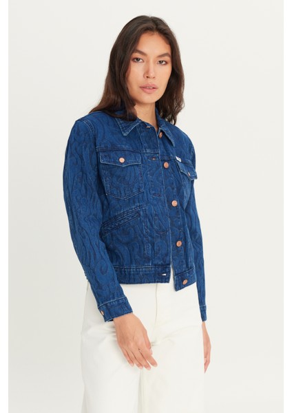 %100 Pamuk Regular Fit Normal Kesim Desenli Mavi Denim Jean Ceket