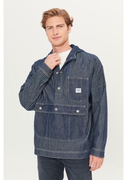 %100 Pamuk Relaxed Fit Geniş Kesim Kapüşonlu Koyu Mavi Denim Jean Ceket