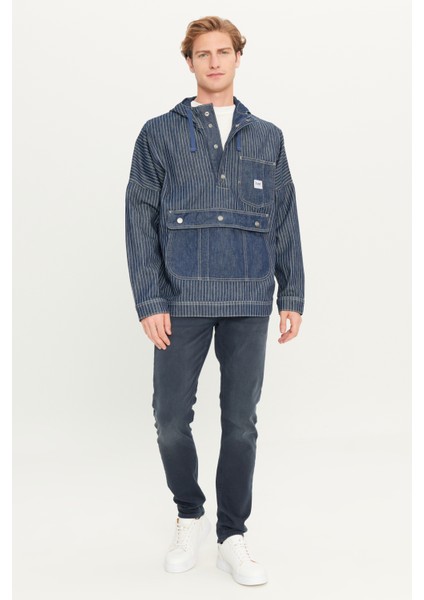 %100 Pamuk Relaxed Fit Geniş Kesim Kapüşonlu Koyu Mavi Denim Jean Ceket