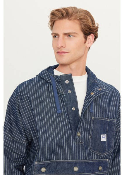 %100 Pamuk Relaxed Fit Geniş Kesim Kapüşonlu Koyu Mavi Denim Jean Ceket