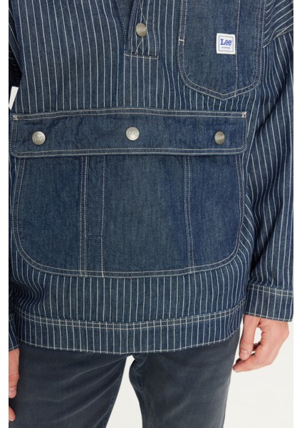 %100 Pamuk Relaxed Fit Geniş Kesim Kapüşonlu Koyu Mavi Denim Jean Ceket
