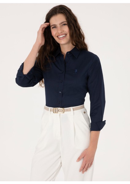 Slim Fit Gömlek Yaka Lacivert Kadın Gömlek SALY025Y