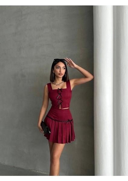 Pileli Etek Yelek Takım Bordo S255015