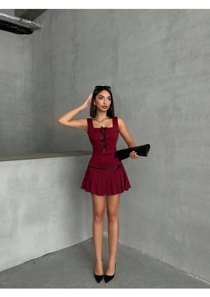 Pileli Etek Yelek Takım Bordo S255015
