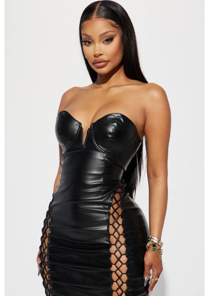 Siyah Straplez Pu Deri Bağçıklı Midi Elbise