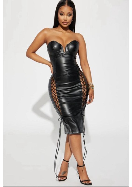 Siyah Straplez Pu Deri Bağçıklı Midi Elbise fiyatları