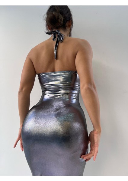 Koyu Gri Lame Kumaş Göğüs Dekolteli Boyundan Bağlamalı Maxi Elbise modelleri