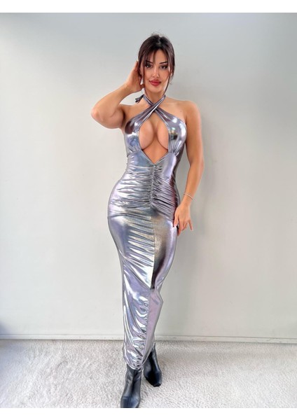 Koyu Gri Lame Kumaş Göğüs Dekolteli Boyundan Bağlamalı Maxi Elbise fiyatları