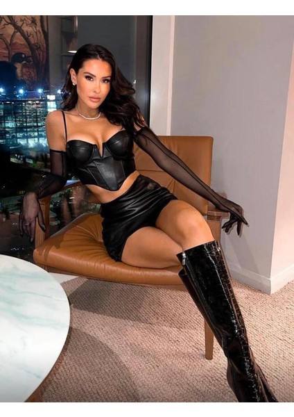 Siyah Pu Deri Tül Detaylı Ikili Takım fırsatları