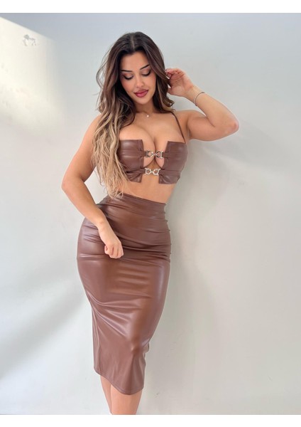 Taba Rengi Pu Deri Zincir Detaylı Etekli Ikili