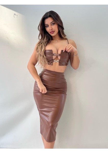 Taba Rengi Pu Deri Zincir Detaylı Etekli Ikili fiyatları