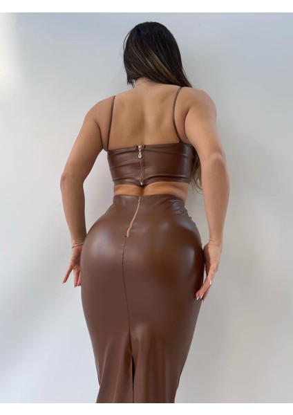 Taba Rengi Pu Deri Zincir Detaylı Etekli Ikili modelleri