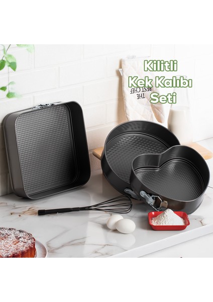 911 3lü Yanmaz Yapışmaz Metal Kilitli Kelepçeli Kek Kalıbı Seti