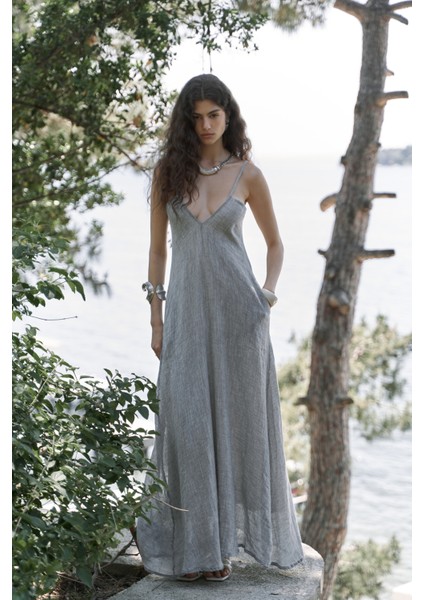 Cinas Askılı Uzun Füme Keten Elbise