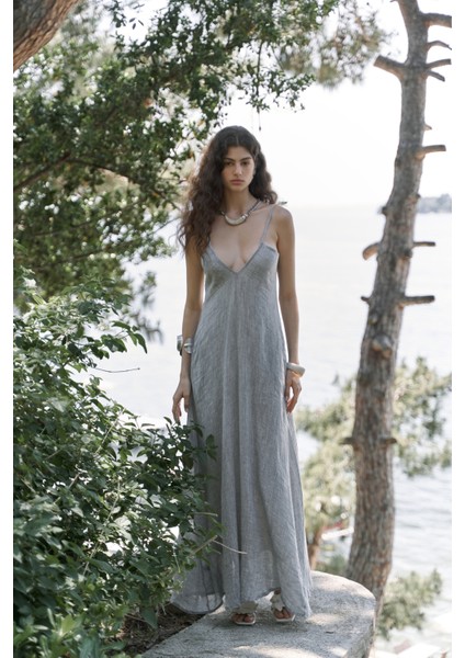 Cinas Askılı Uzun Füme Keten Elbise fiyatları