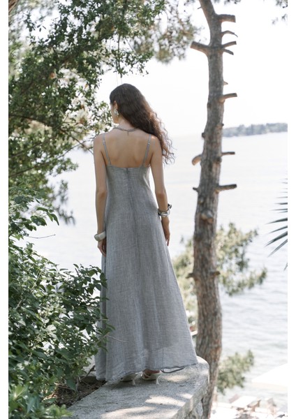Cinas Askılı Uzun Füme Keten Elbise fırsatları