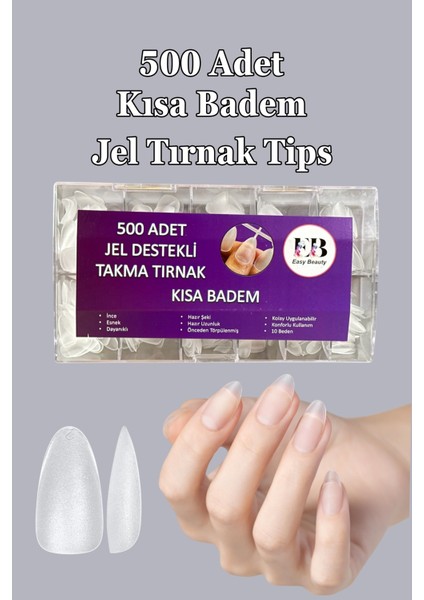 500 Adet Yeni Nesil Jel Destekli Kısa Badem Takma Tırnak Seti